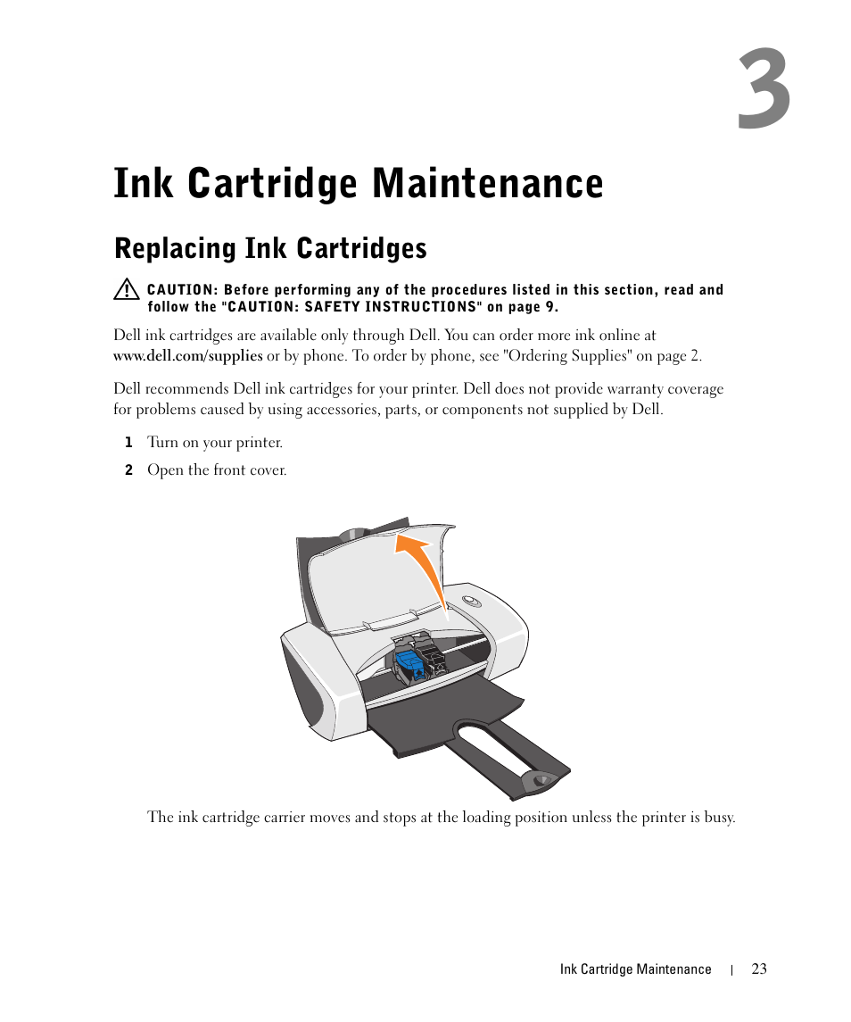 Ink cartridge maintenance, Replacing ink cartridges | Dell 720 Color Printer User Manual | Page 23 / 76