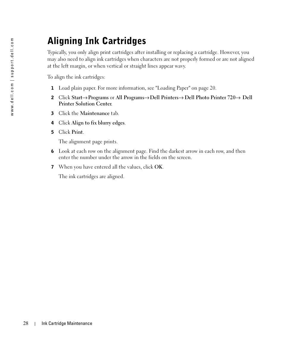Aligning ink cartridges | Dell 720 Color Printer User Manual | Page 28 / 76