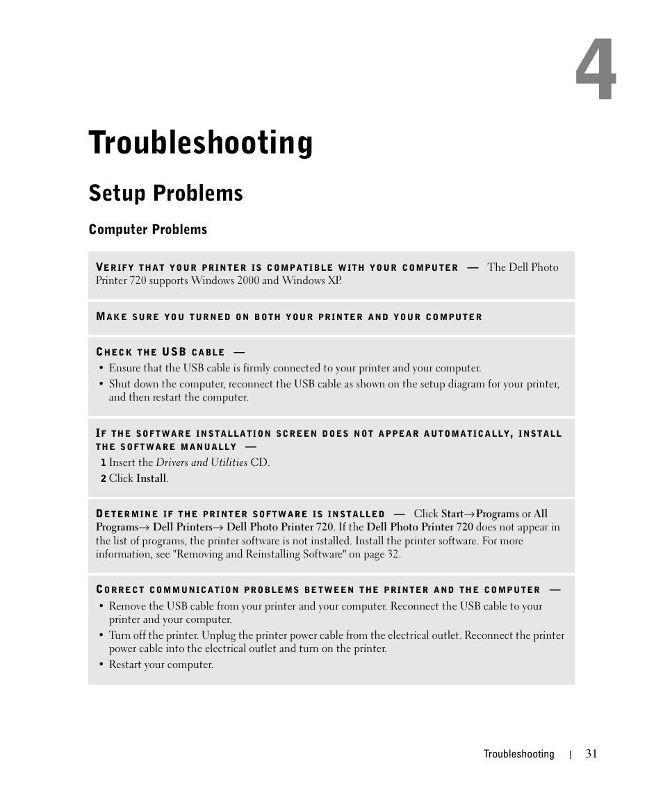 Troubleshooting, Setup problems, Computer problems | Dell 720 Color Printer User Manual | Page 31 / 76