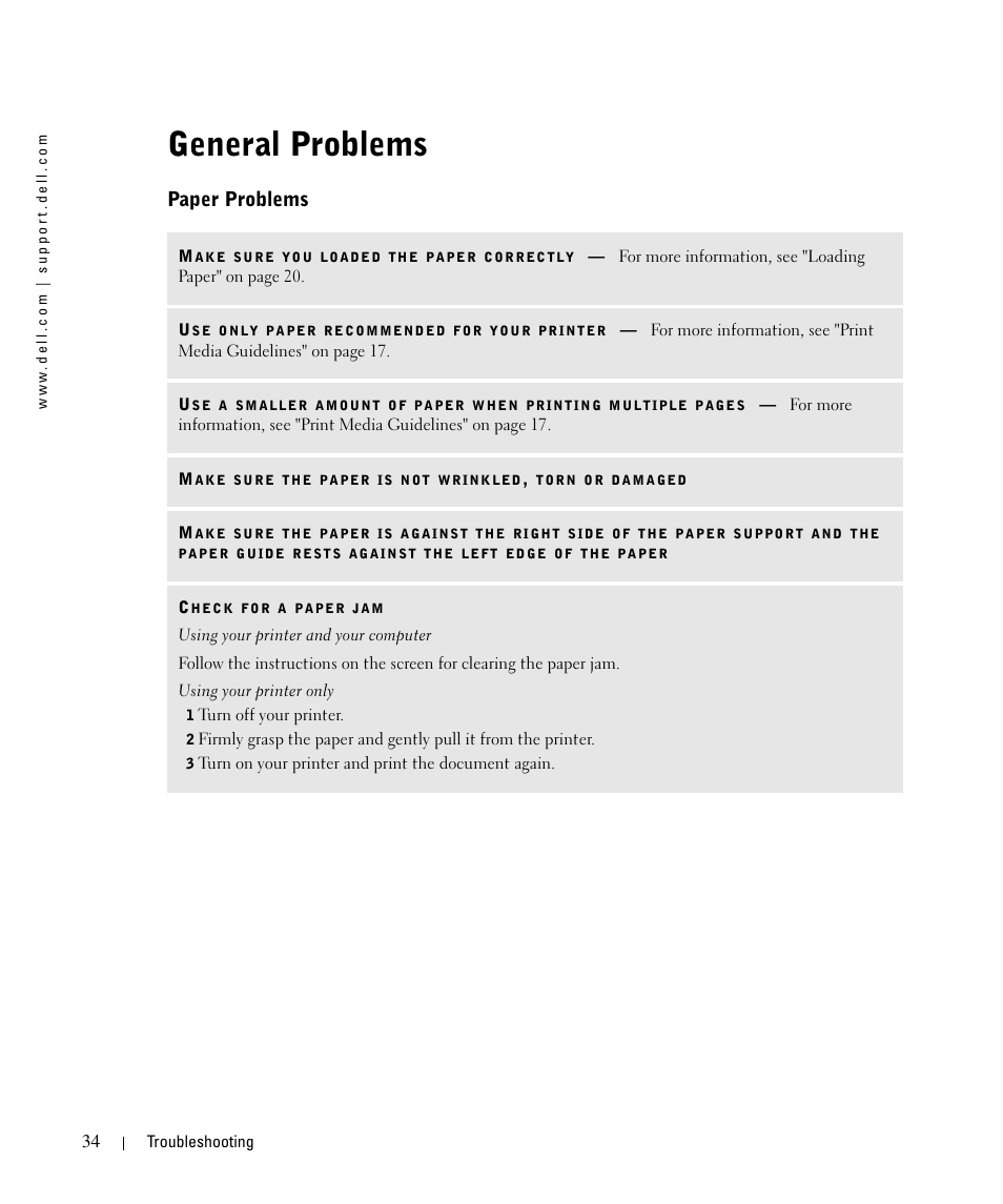 General problems, Paper problems | Dell 720 Color Printer User Manual | Page 34 / 76