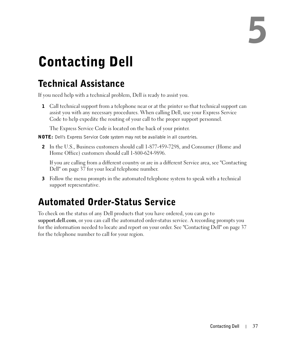 Contacting dell, Technical assistance, Automated order-status service | Dell 720 Color Printer User Manual | Page 37 / 76