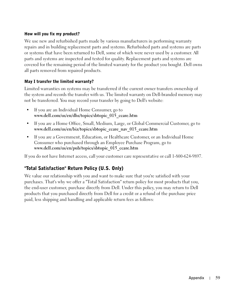 Total satisfaction" return policy (u.s. only) | Dell 720 Color Printer User Manual | Page 59 / 76