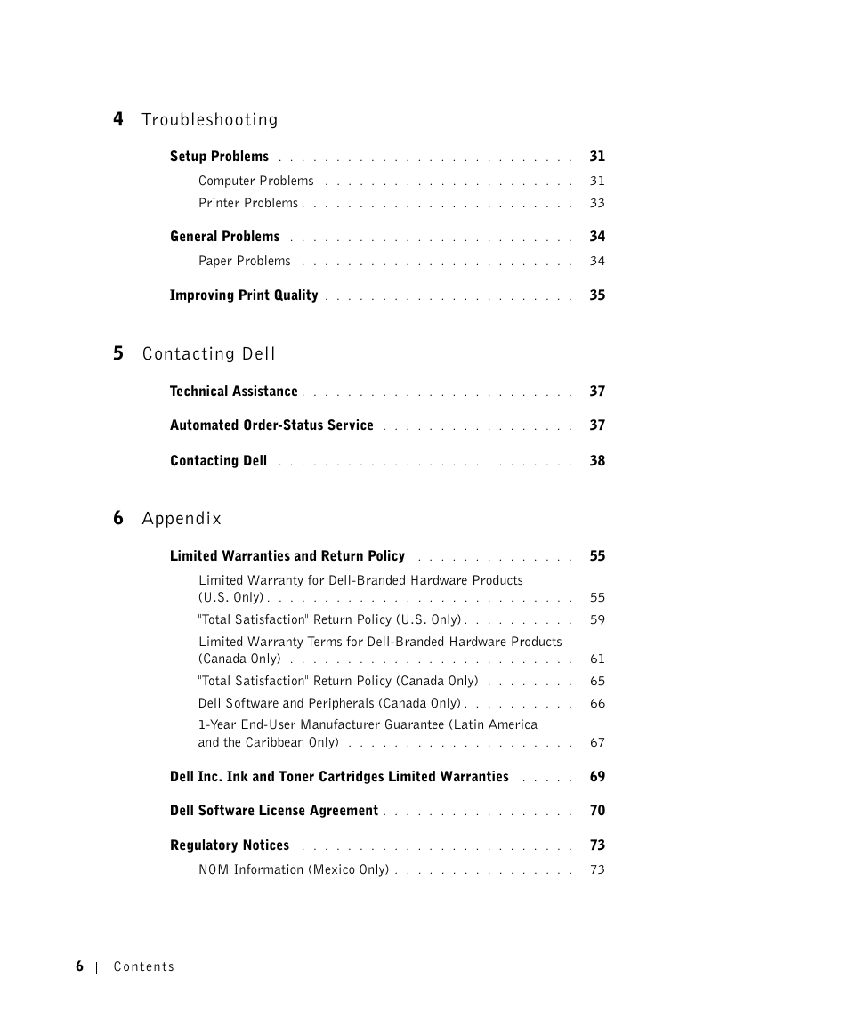 4troubleshooting, 5contacting dell, 6appendix | Dell 720 Color Printer User Manual | Page 6 / 76