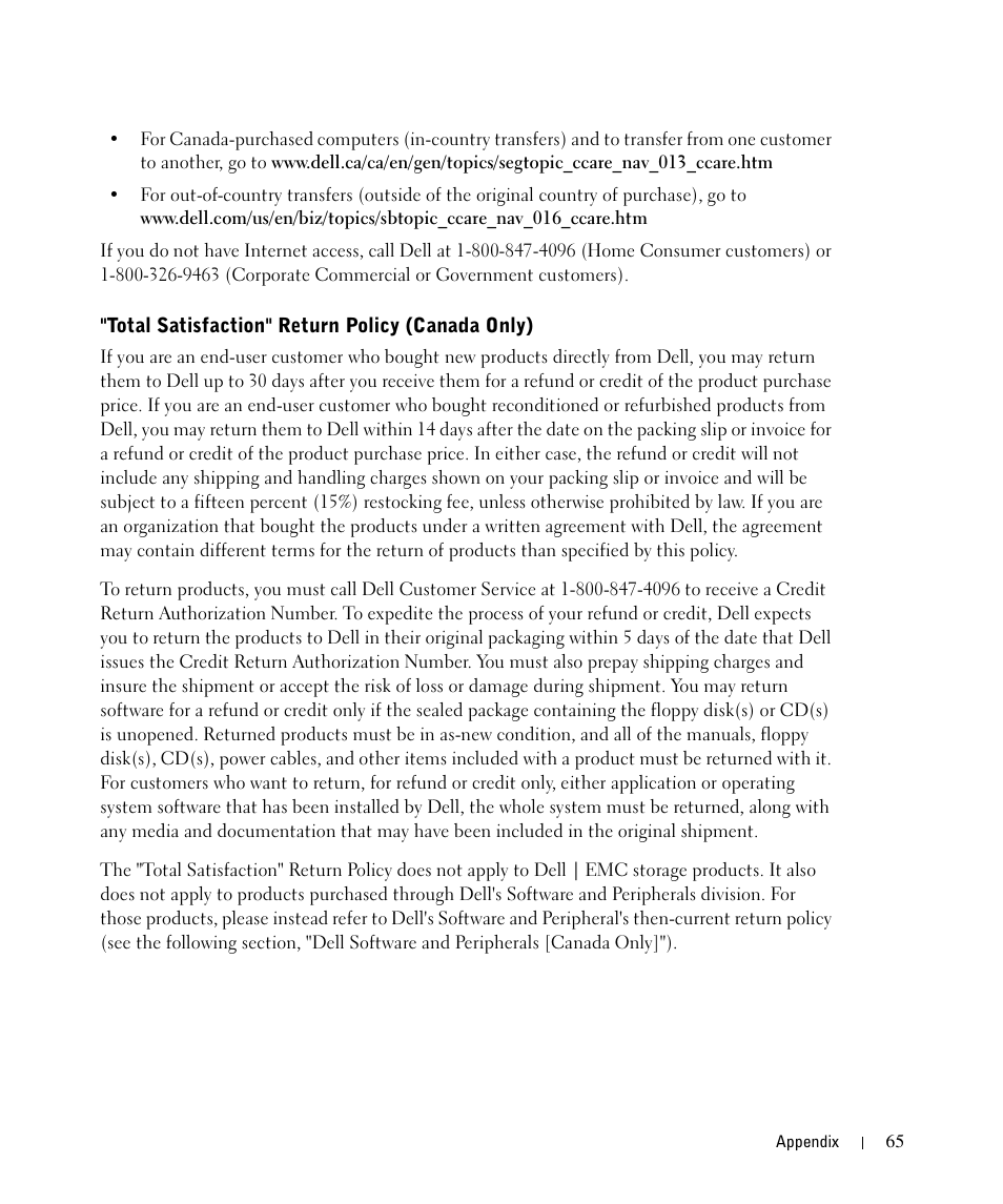 Total satisfaction" return policy (canada only) | Dell 720 Color Printer User Manual | Page 65 / 76