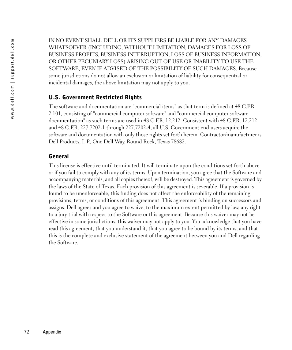 U.s. government restricted rights, General | Dell 720 Color Printer User Manual | Page 72 / 76