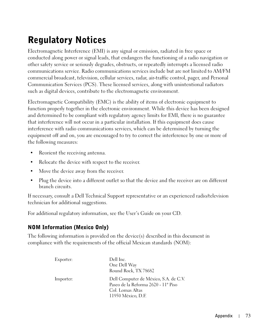Regulatory notices, Nom information (mexico only) | Dell 720 Color Printer User Manual | Page 73 / 76