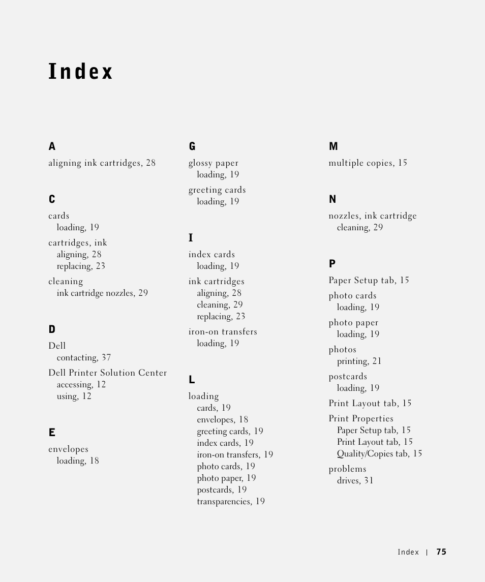 Index | Dell 720 Color Printer User Manual | Page 75 / 76