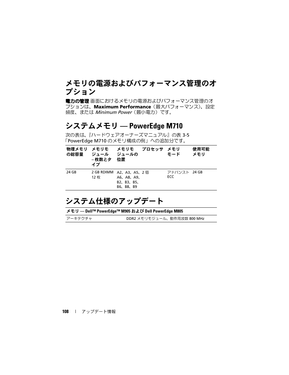 メモリの電源およびパフォーマンス管理のオ プション, システムメモリ - poweredge m710, システム仕様のアップデート | システムメモリ — poweredge m710 | Dell POWEREDGE M915 User Manual | Page 108 / 186