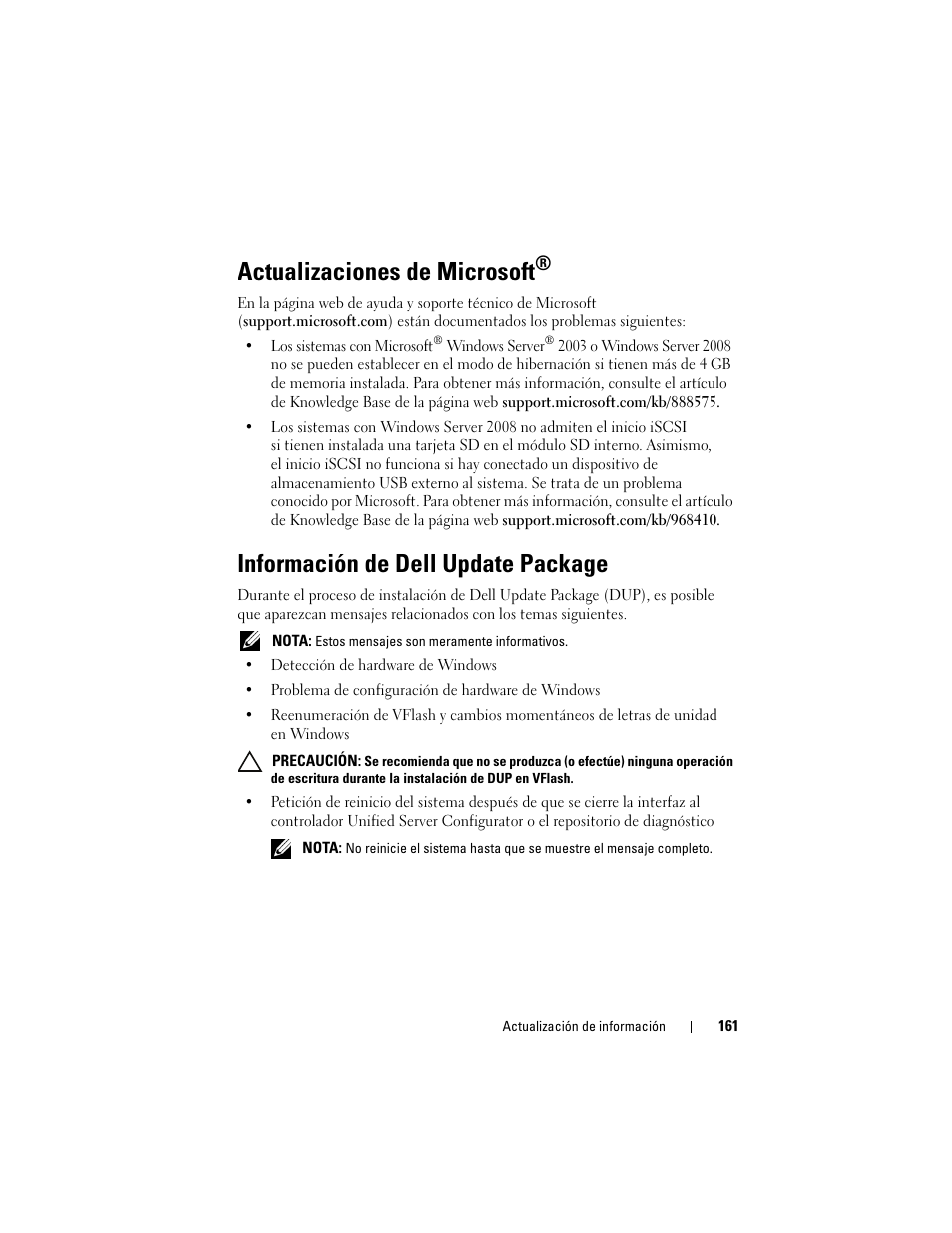 Actualizaciones de microsoft, Información de dell update package | Dell POWEREDGE M915 User Manual | Page 161 / 186