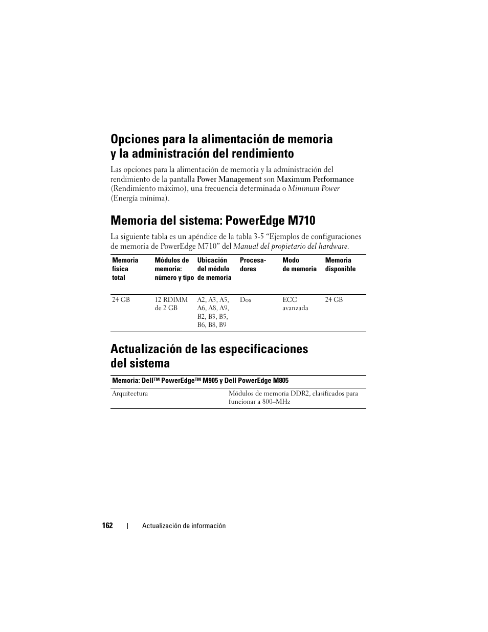 Memoria del sistema: poweredge m710, Actualización de las especificaciones del sistema | Dell POWEREDGE M915 User Manual | Page 162 / 186