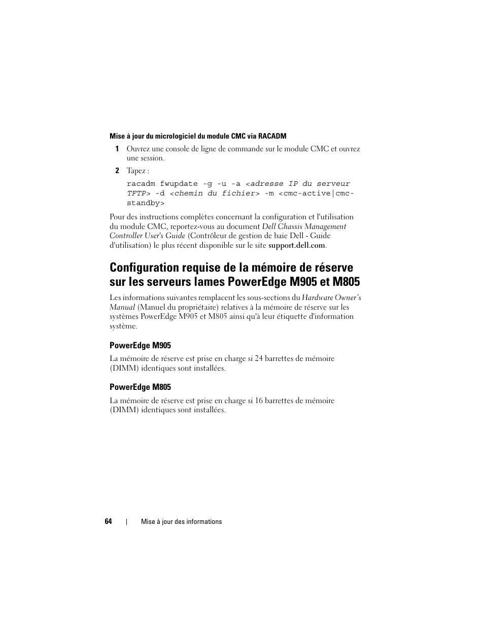 Poweredge m905, Poweredge m805, Du micrologiciel du module cmc via racadm | Dell POWEREDGE M915 User Manual | Page 64 / 186