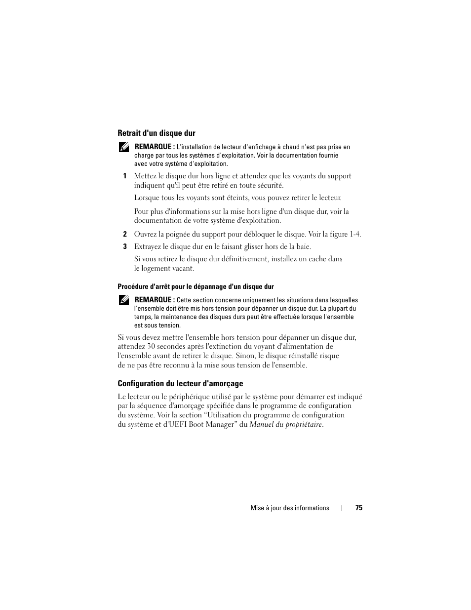 Retrait d'un disque dur, Configuration du lecteur d'amorçage | Dell POWEREDGE M915 User Manual | Page 75 / 186