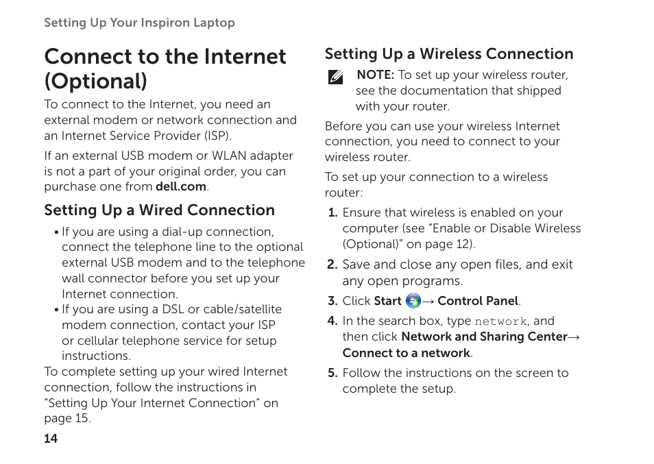 Connect to the internet (optional) | Dell Inspiron M411R (Mid 2011) User Manual | Page 16 / 96