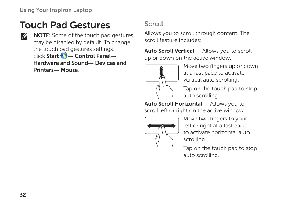 Touch pad gestures | Dell Inspiron M411R (Mid 2011) User Manual | Page 34 / 96