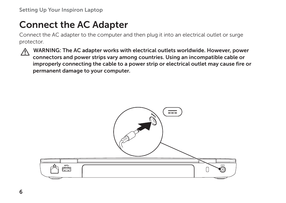 Connect the ac adapter | Dell Inspiron M411R (Mid 2011) User Manual | Page 8 / 96