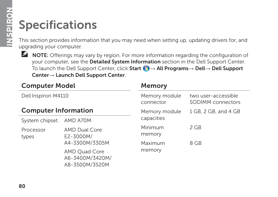 Specifications, Inspiron | Dell Inspiron M411R (Mid 2011) User Manual | Page 82 / 96