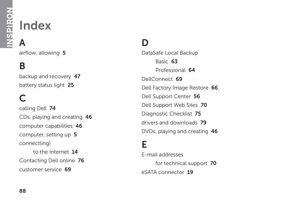 Index, Inspiron | Dell Inspiron M411R (Mid 2011) User Manual | Page 90 / 96