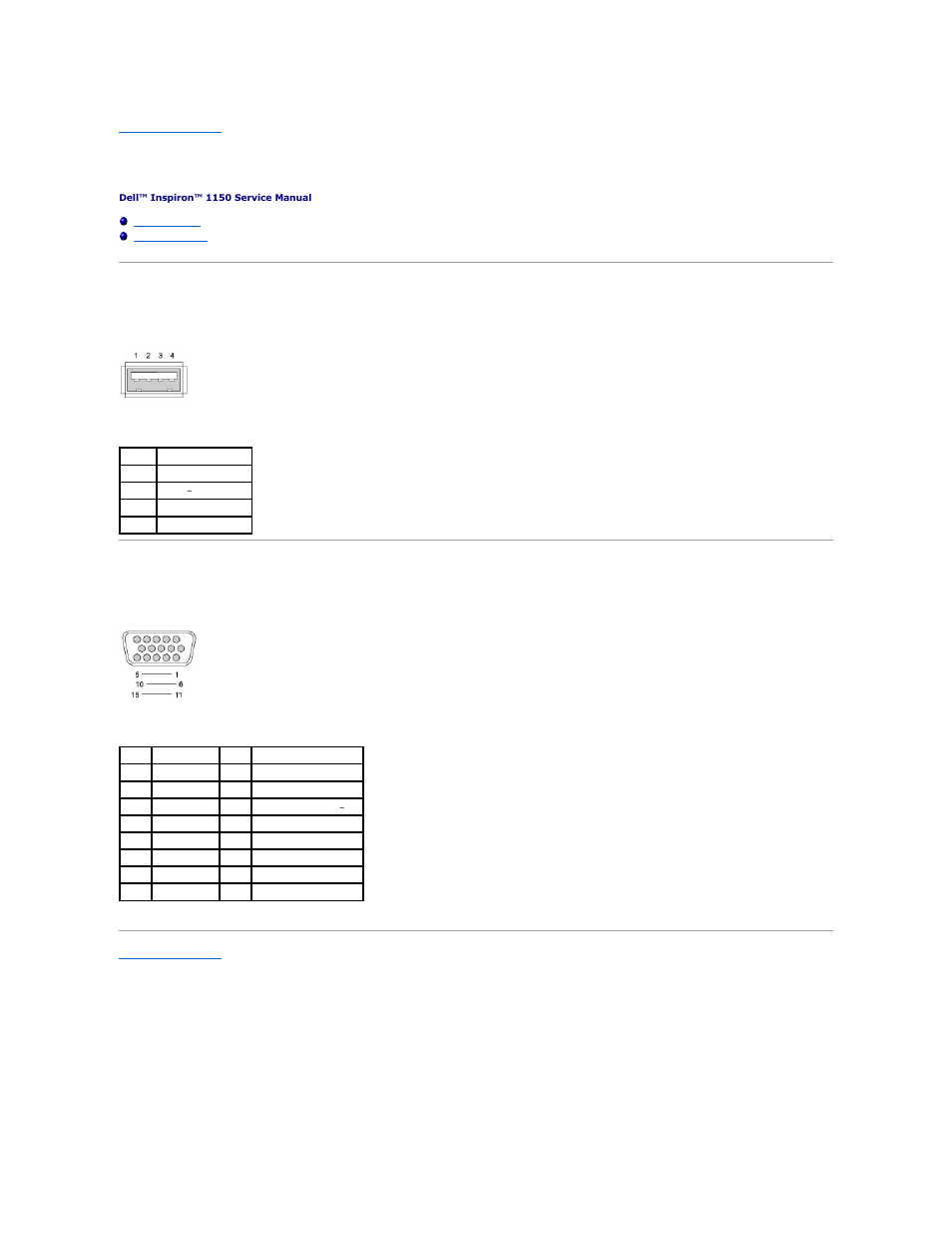 Pinout assignments for i/o connectors, Usb connector, Video connector | Dell Inspiron 1150 User Manual | Page 23 / 38