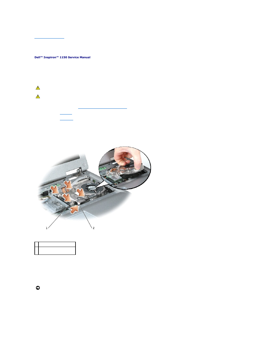 Microprocessor thermal-cooling assembly | Dell Inspiron 1150 User Manual | Page 30 / 38