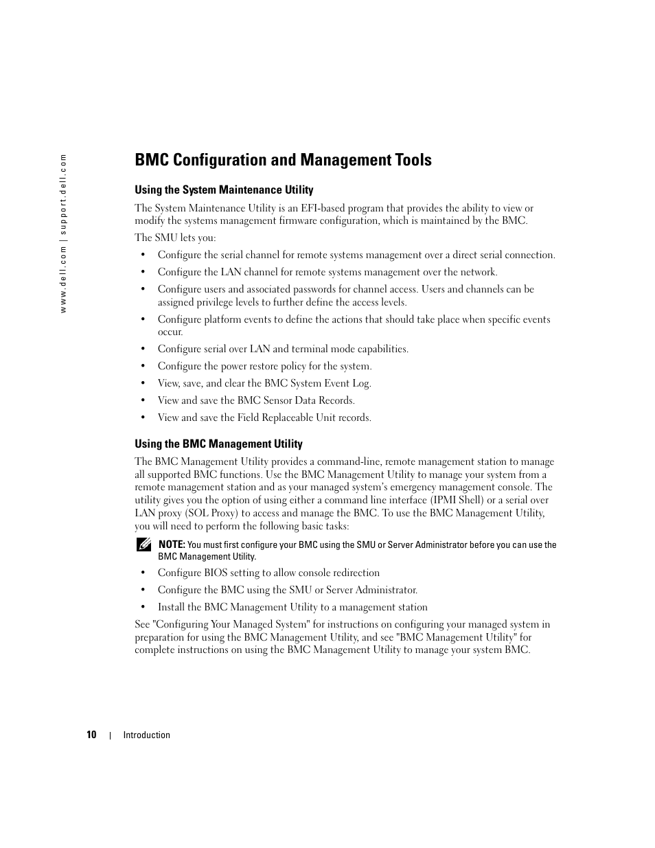 Bmc configuration and management tools, Using the system maintenance utility, Using the bmc management utility | Dell PowerEdge 7250 User Manual | Page 12 / 102