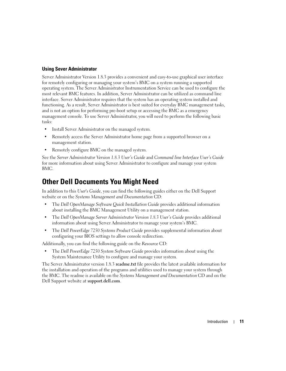 Using sever administrator, Other dell documents you might need | Dell PowerEdge 7250 User Manual | Page 13 / 102