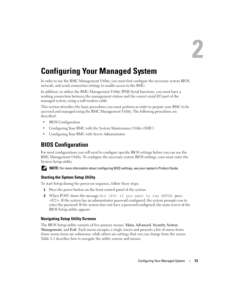 Configuring your managed system, Bios configuration, Starting the system setup utility | Navigating setup utility screens, 2 configuring your managed system | Dell PowerEdge 7250 User Manual | Page 15 / 102