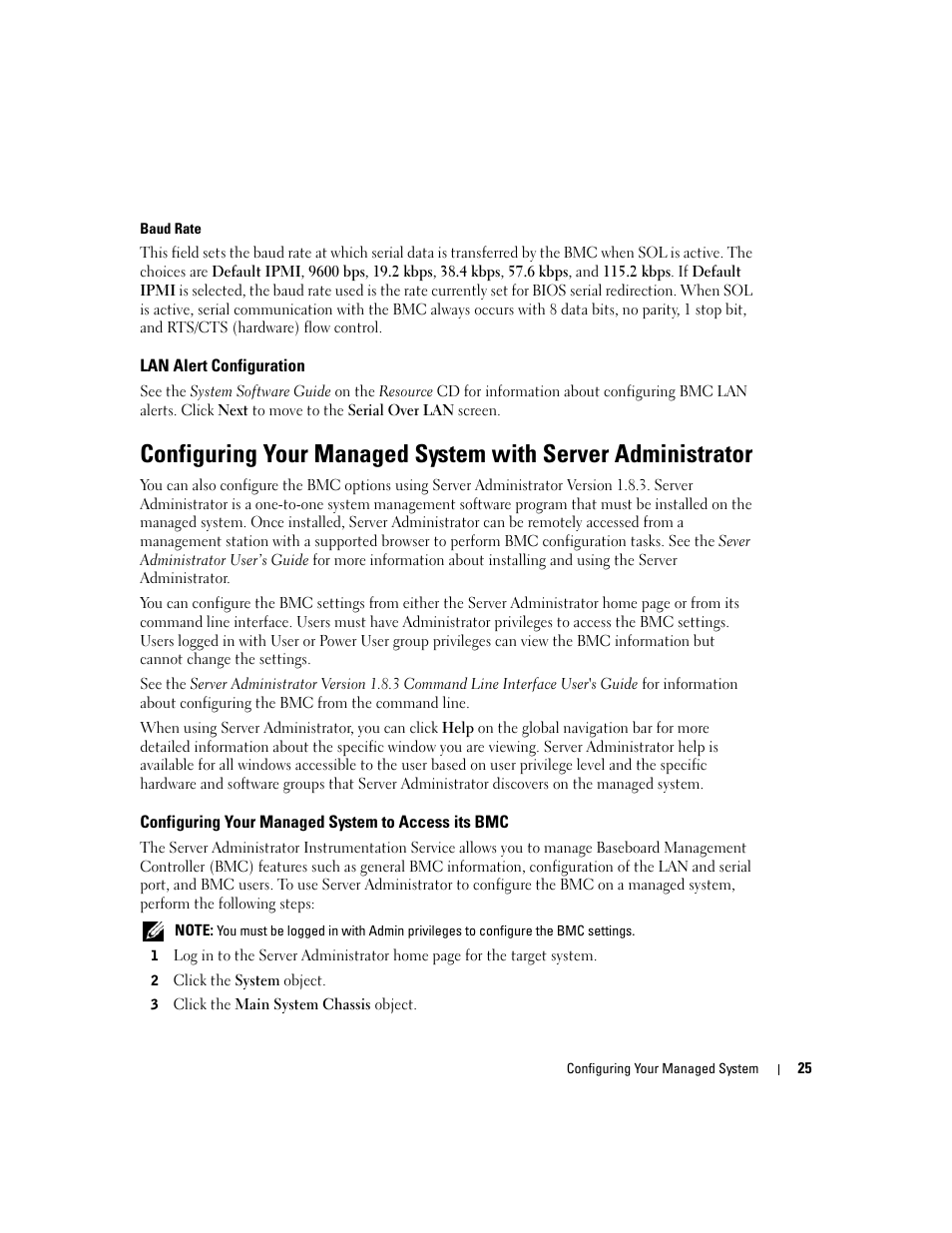Lan alert configuration, Configuring your managed system to access its bmc | Dell PowerEdge 7250 User Manual | Page 27 / 102