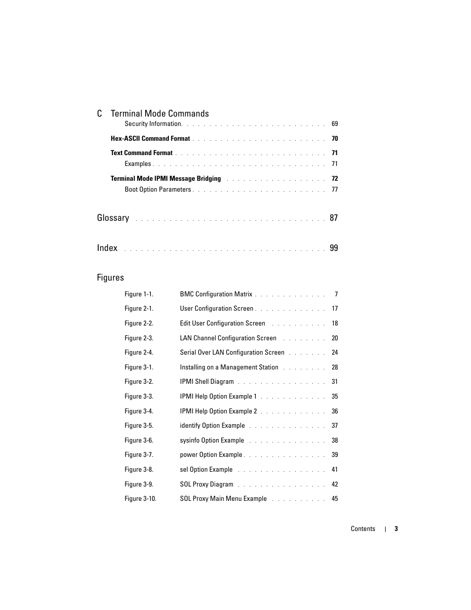 C terminal mode commands, Glossary, 87 index | 99 figures | Dell PowerEdge 7250 User Manual | Page 5 / 102