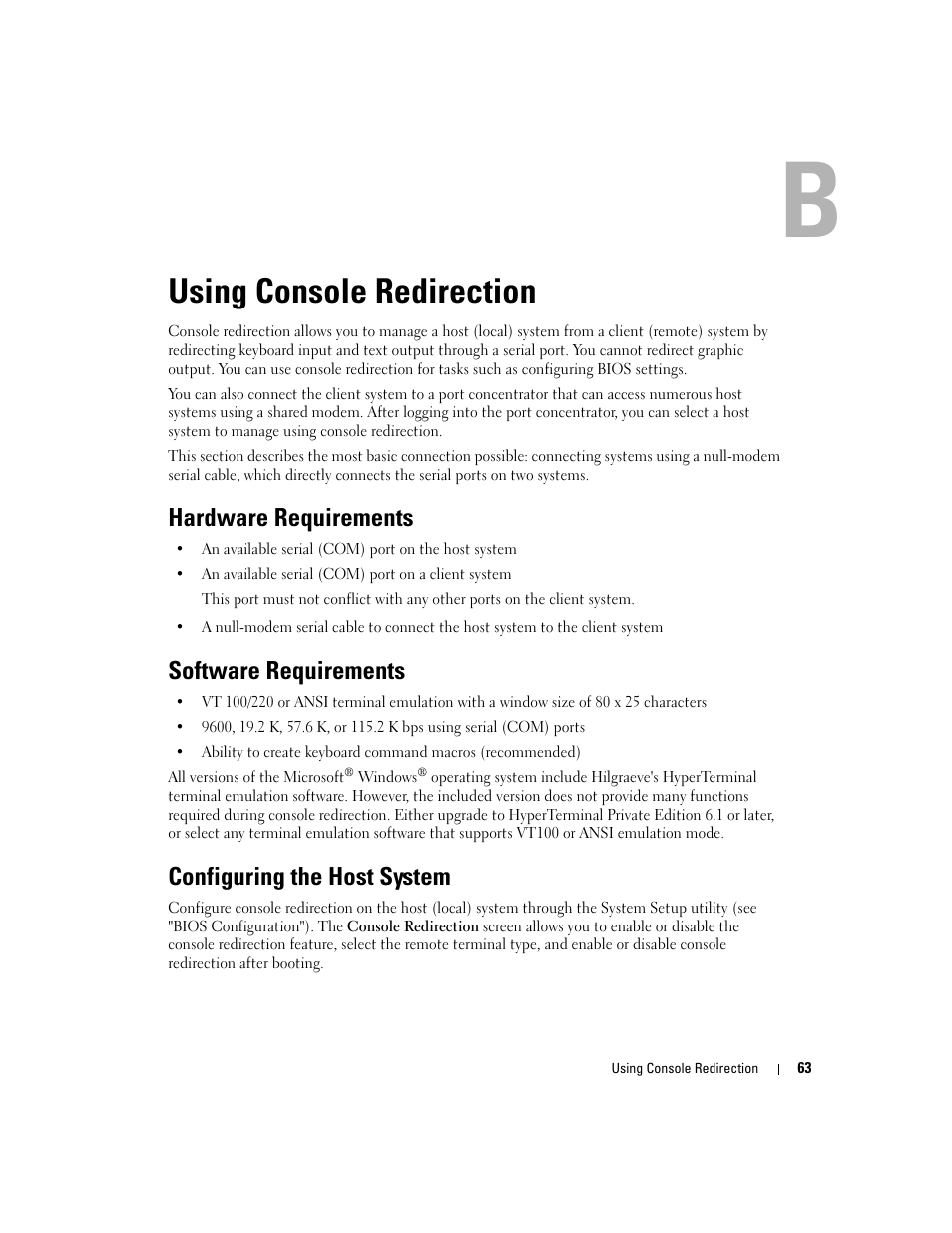Using console redirection, Hardware requirements, Software requirements | Configuring the host system, B using console redirection, See "using console redirection" for more in | Dell PowerEdge 7250 User Manual | Page 65 / 102