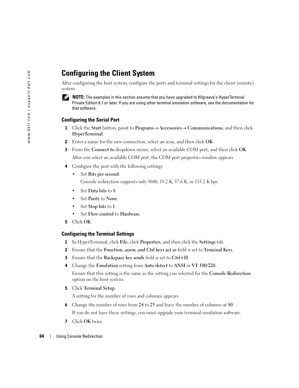 Configuring the client system, Configuring the serial port, Configuring the terminal settings | Dell PowerEdge 7250 User Manual | Page 66 / 102