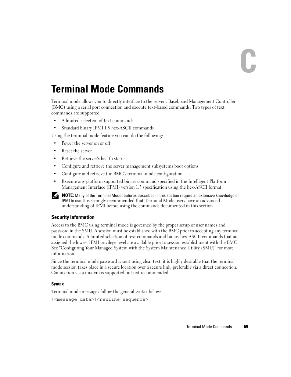 Terminal mode commands, Security information, C terminal mode commands | Dell PowerEdge 7250 User Manual | Page 71 / 102