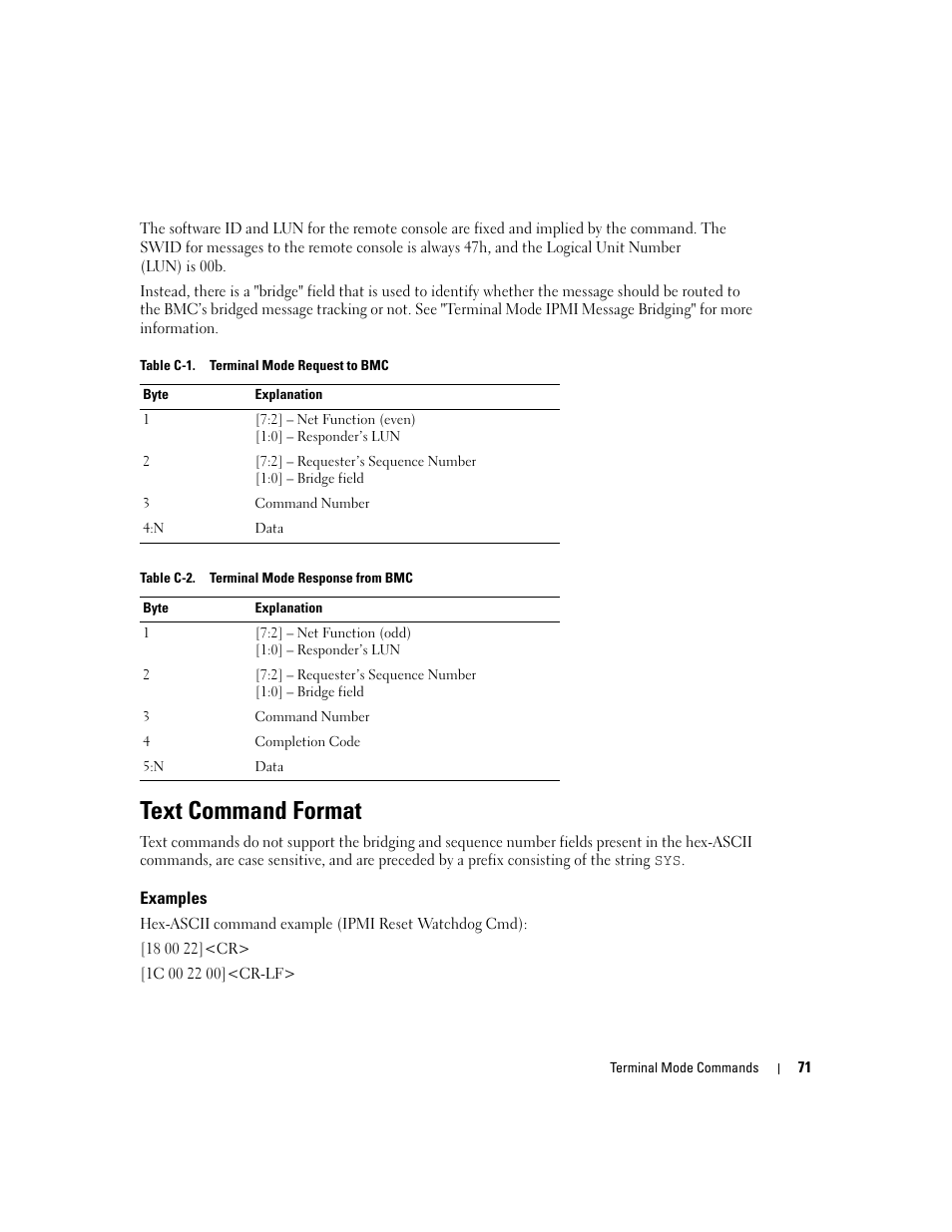 Text command format, Examples | Dell PowerEdge 7250 User Manual | Page 73 / 102