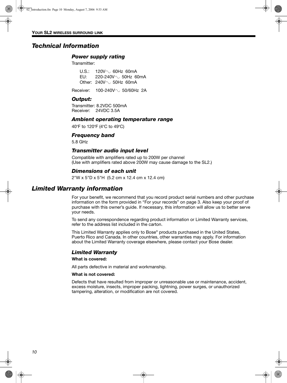 Technical information, Limited warranty information | Bose SL2 User Manual | Page 10 / 12