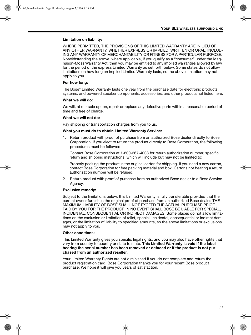Bose SL2 User Manual | Page 11 / 12