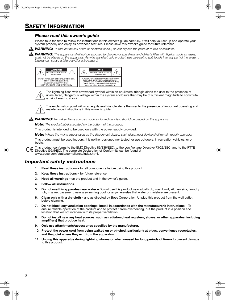 Afety, Nformation, Important safety instructions | Bose SL2 User Manual | Page 2 / 12