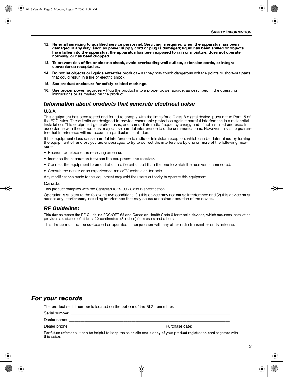 For your records, Rf guideline | Bose SL2 User Manual | Page 3 / 12