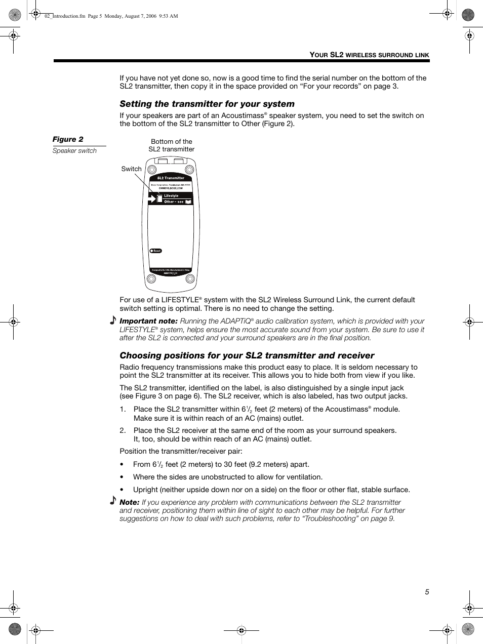 Setting the transmitter for your system | Bose SL2 User Manual | Page 5 / 12