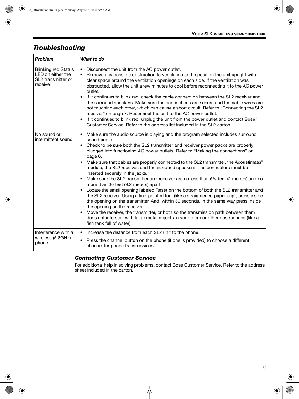 Troubleshooting, Contacting customer service | Bose SL2 User Manual | Page 9 / 12