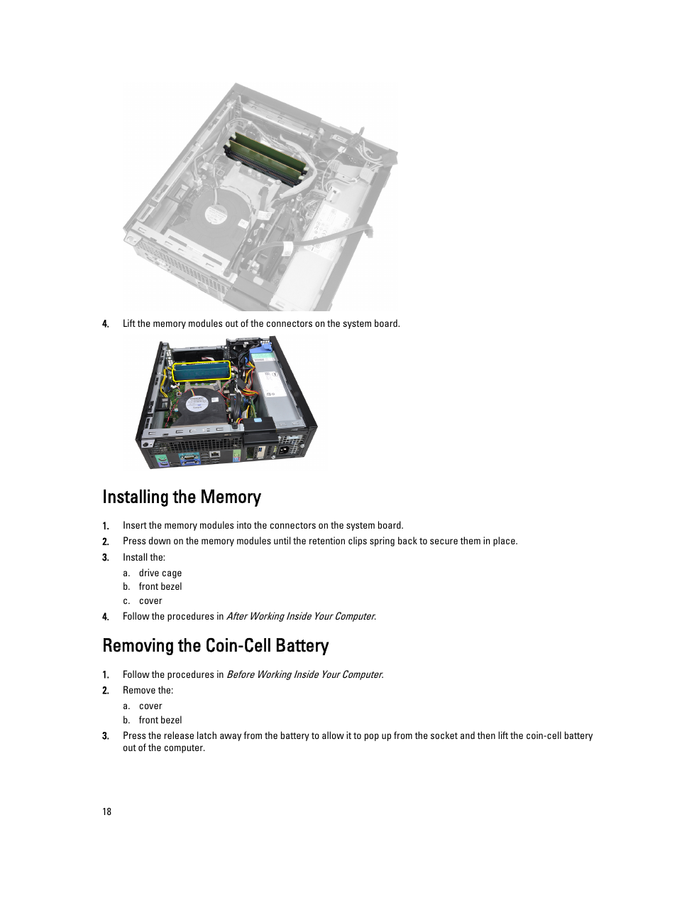 Installing the memory, Removing the coin-cell battery | Dell OptiPlex 9010 (Mid 2012) User Manual | Page 18 / 60