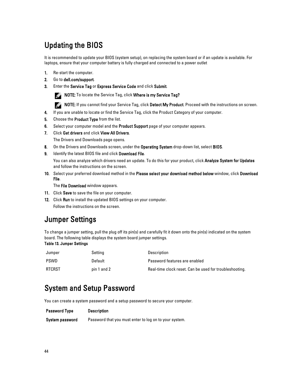 Updating the bios, Jumper settings, System and setup password | Dell OptiPlex 9010 (Mid 2012) User Manual | Page 44 / 60