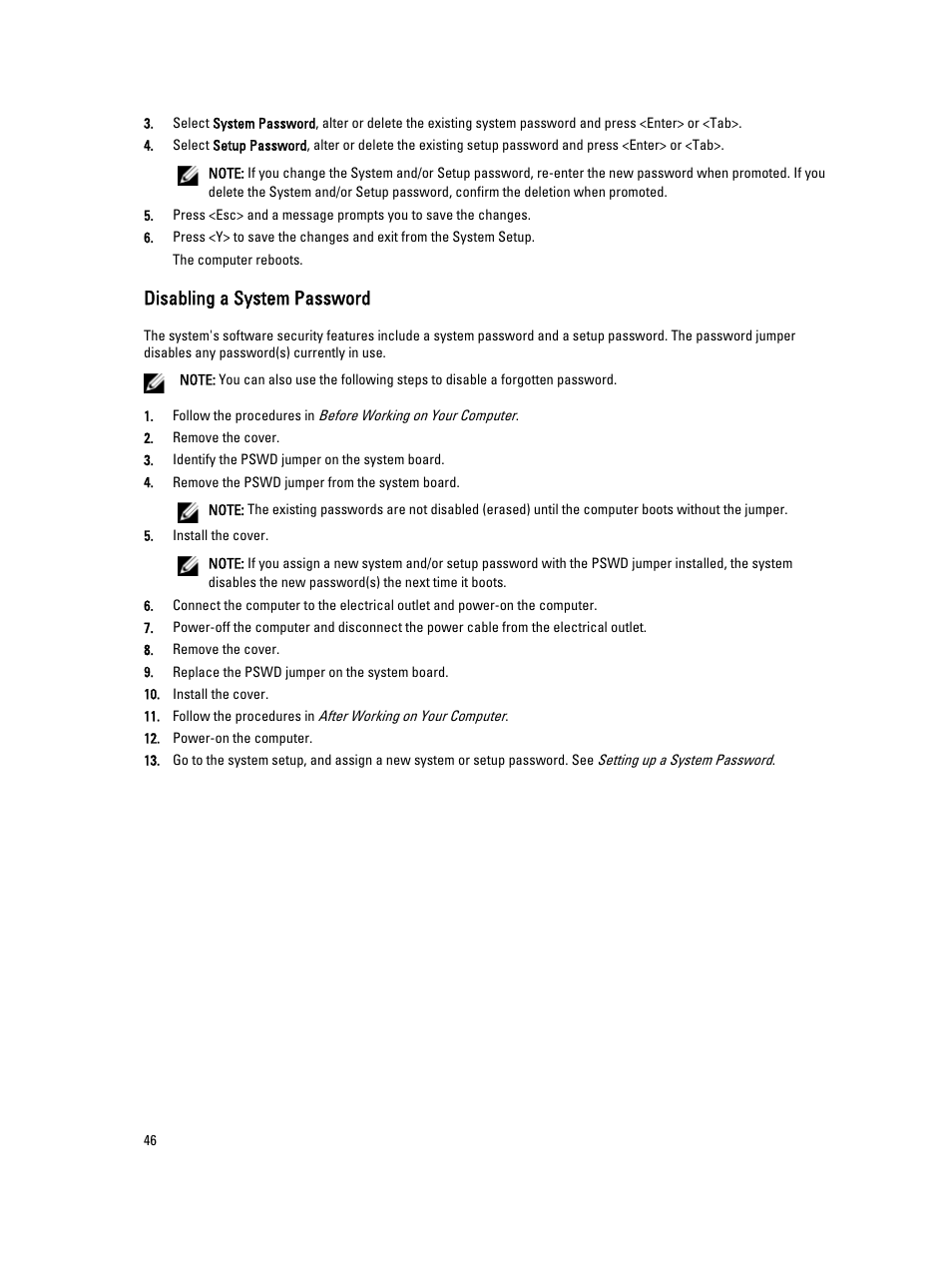 Disabling a system password | Dell OptiPlex 9010 (Mid 2012) User Manual | Page 46 / 60