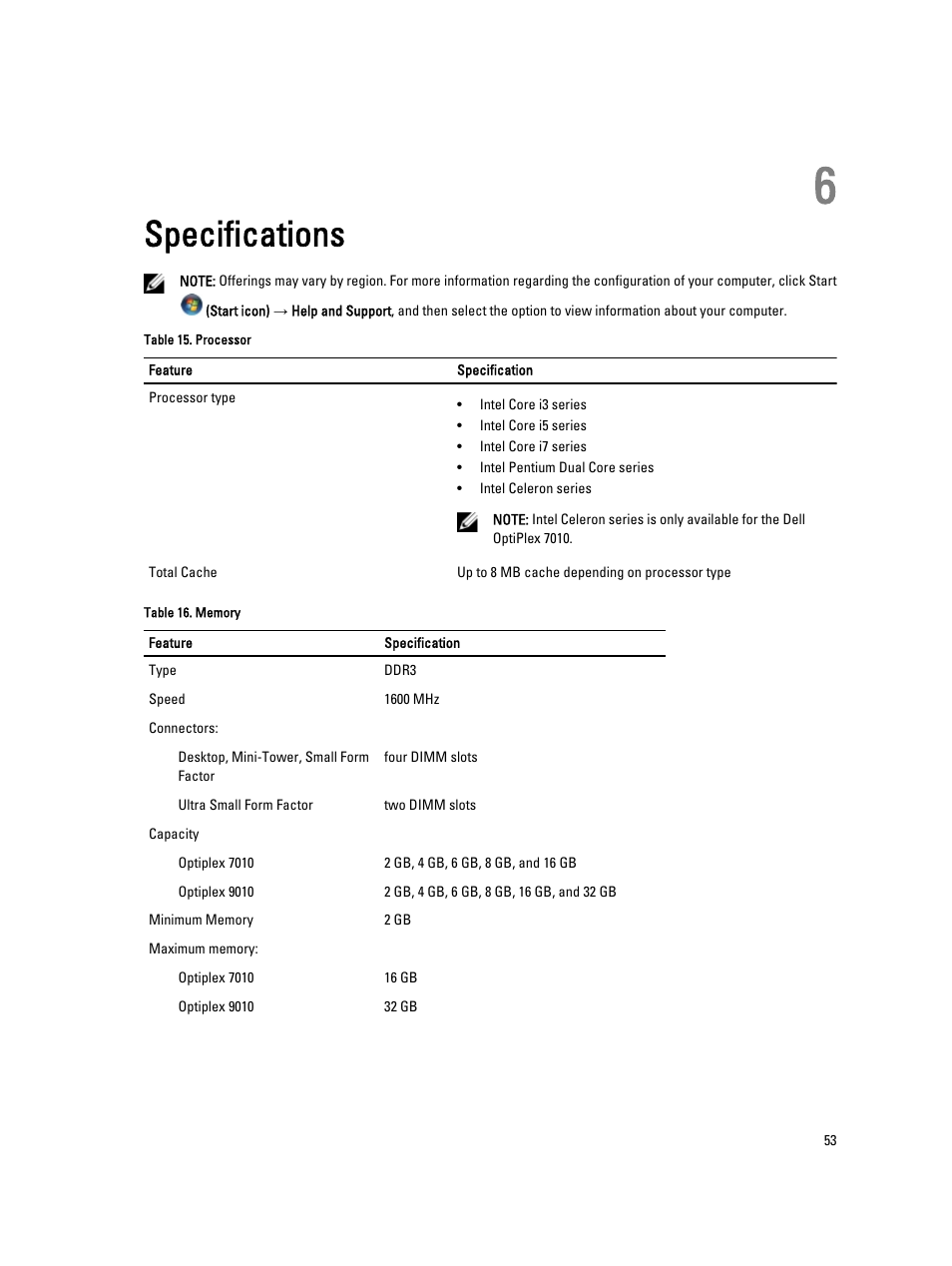 Specifications, 6 specifications | Dell OptiPlex 9010 (Mid 2012) User Manual | Page 53 / 60
