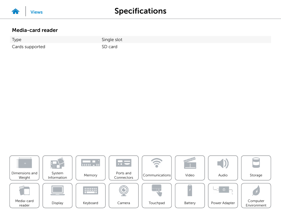 Media‑card, Reader, Specifications | Media‑card reader | Dell Inspiron 17 (5748, Mid 2013) User Manual | Page 15 / 22