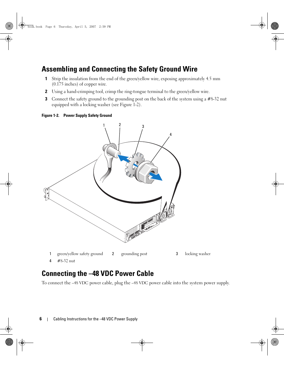 Assembling and connecting the safety ground wire, Connecting the -48 vdc power cable, Connecting the –48 vdc power cable | Dell POWEREDGE 2950 User Manual | Page 8 / 15