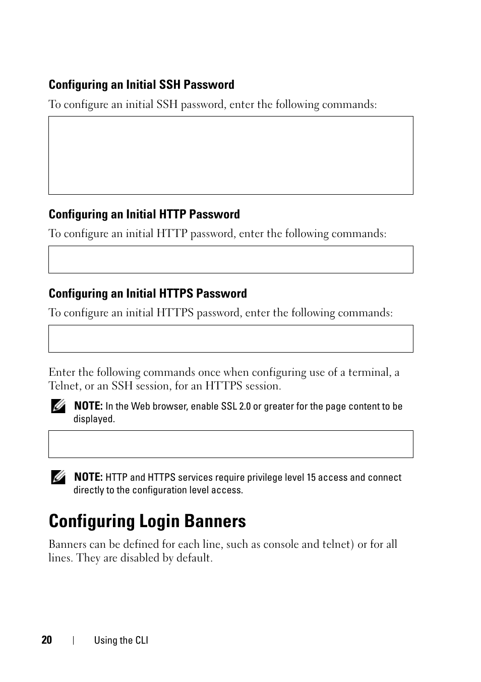 Configuring an initial ssh password, Configuring an initial http password, Configuring an initial https password | Configuring login banners | Dell PowerEdge VRTX User Manual | Page 20 / 30