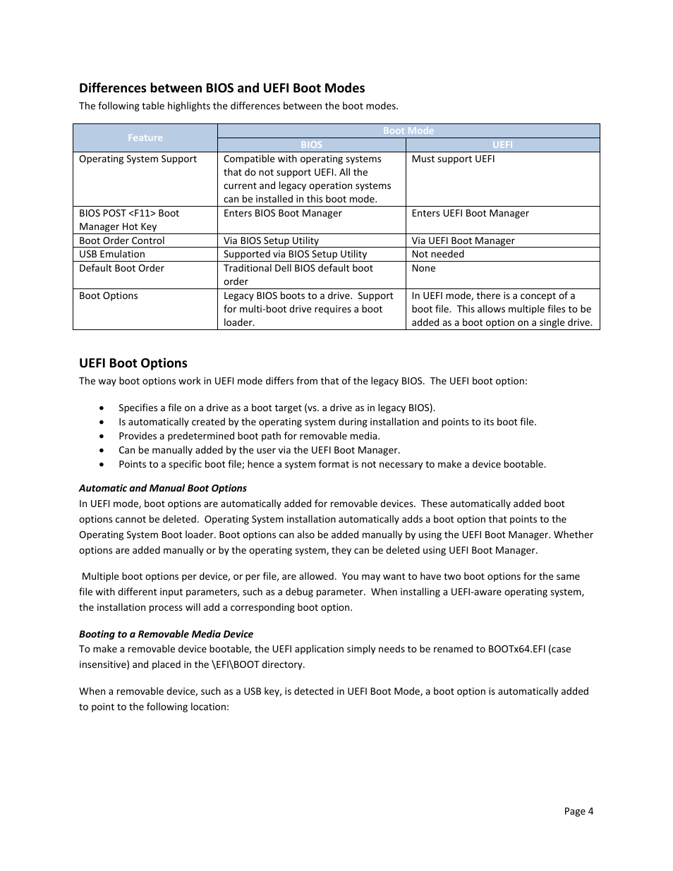 Differences between bios and uefi boot modes, Uefi boot options | Dell POWEREDGE M915 User Manual | Page 6 / 9