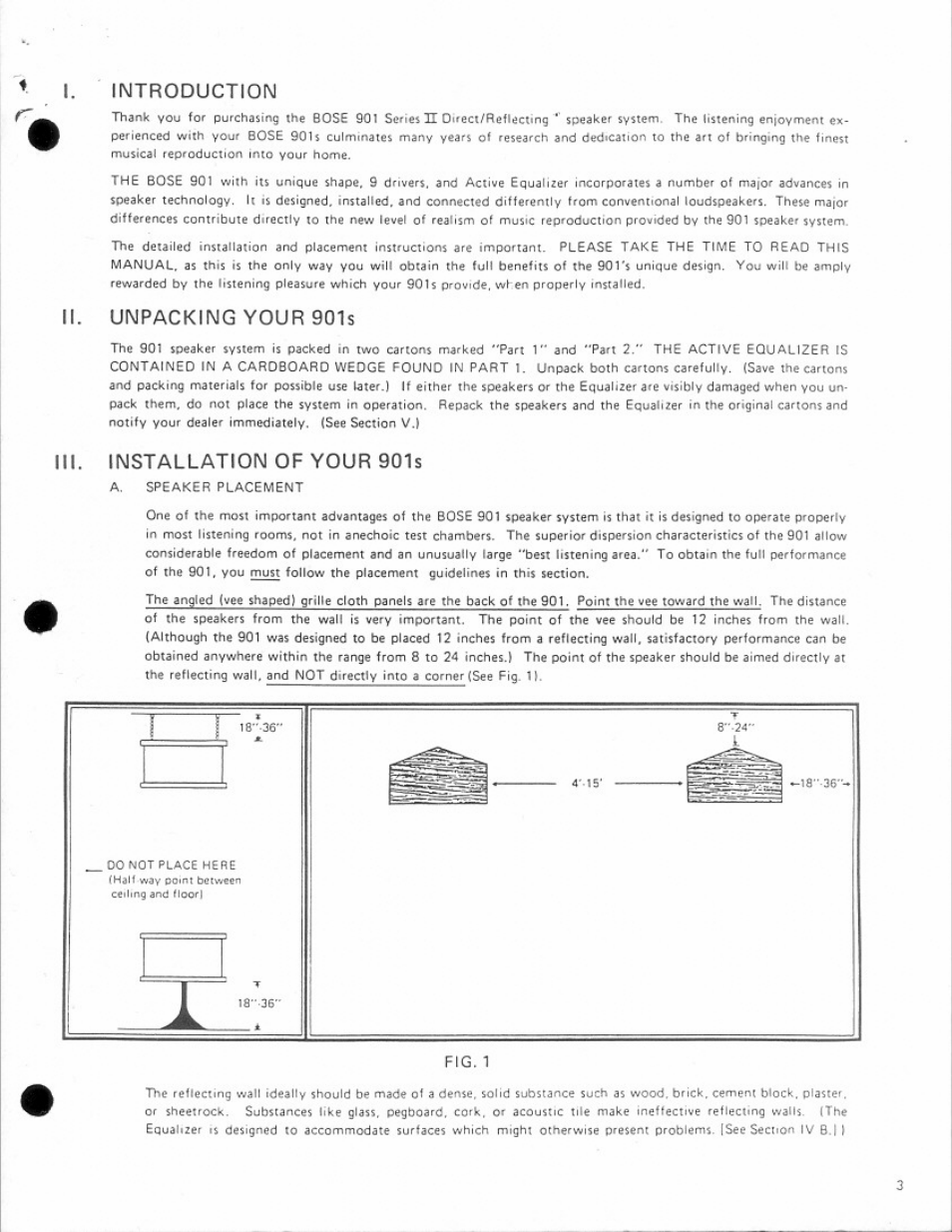 Introduction, Ii. unpacking your 901s, Ii. installation of your 901s | Unpacking your 90u, Installation of your 901 s | Bose 901 Series II User Manual | Page 3 / 16
