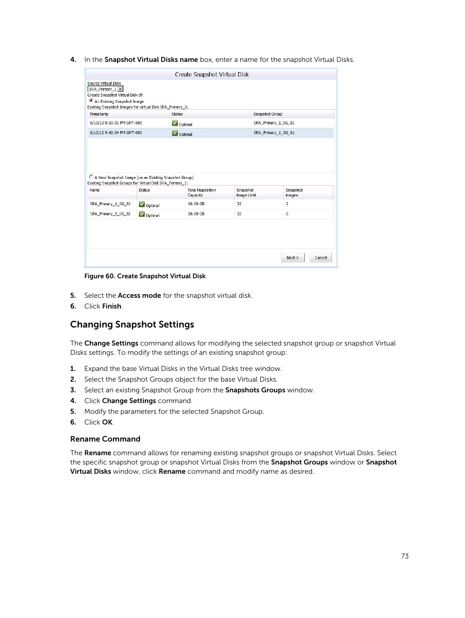 Changing snapshot settings | Dell PowerVault MD3400 User Manual | Page 73 / 88