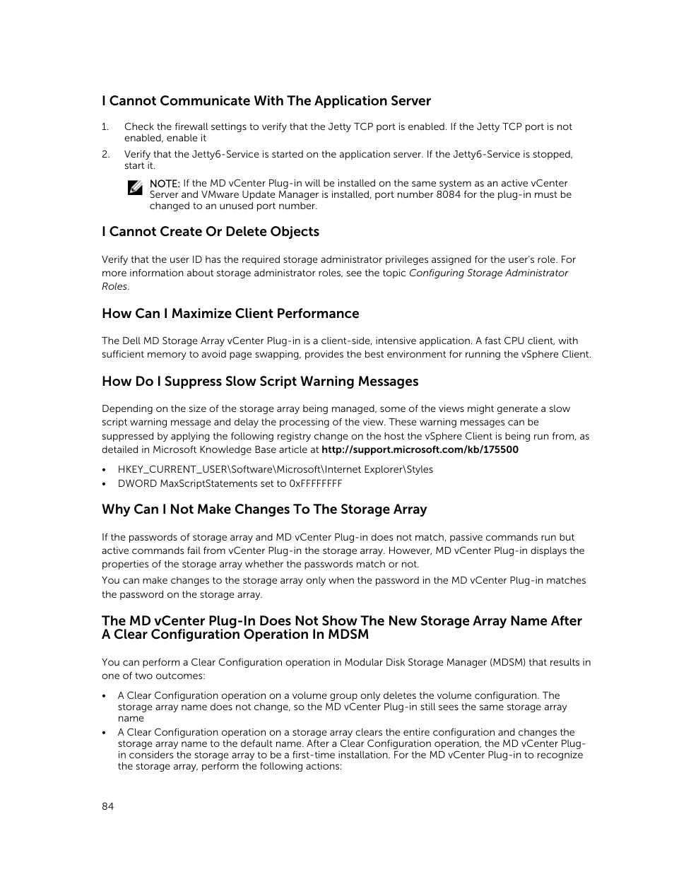 I cannot communicate with the application server, I cannot create or delete objects, How can i maximize client performance | How do i suppress slow script warning messages, Why can i not make changes to the storage array | Dell PowerVault MD3400 User Manual | Page 84 / 88