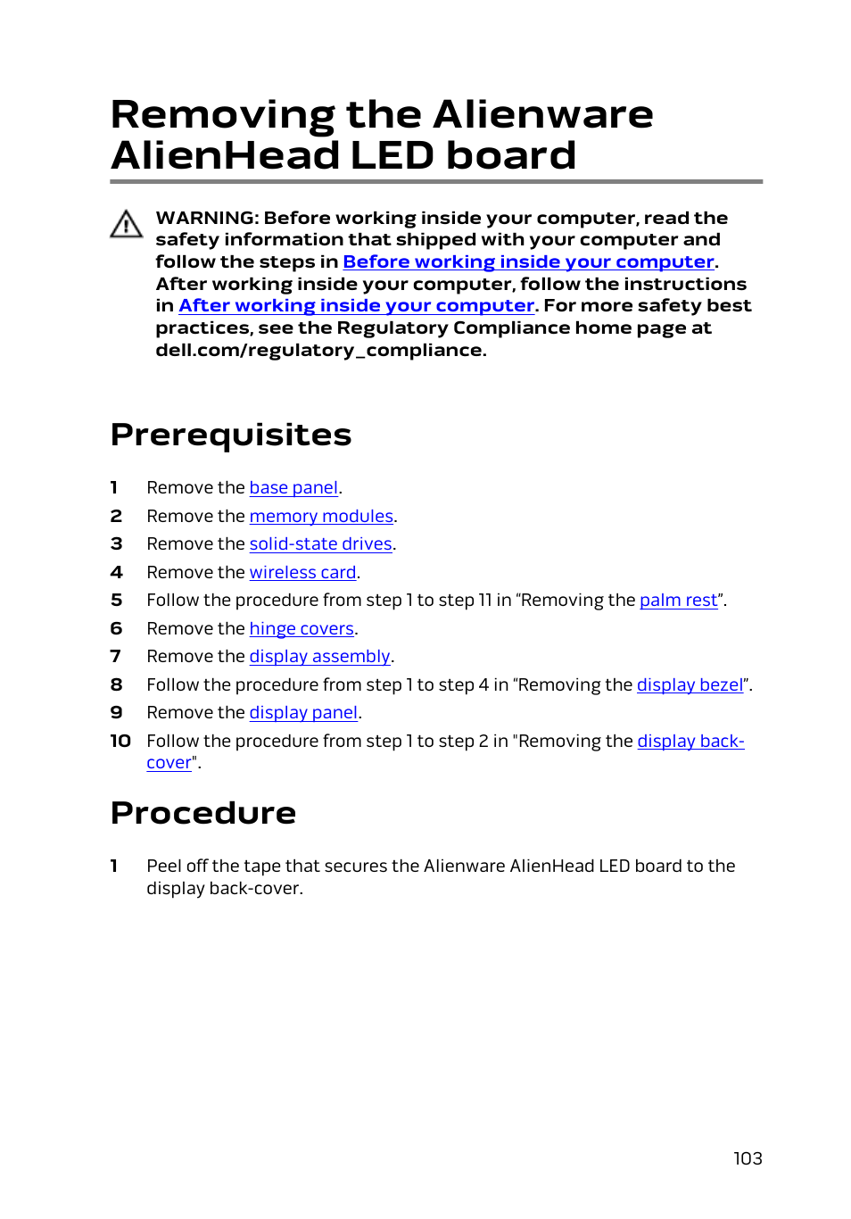 Removing the alienware alienhead led board, Prerequisites, Procedure | Dell Alienware 15 (Early 2015) User Manual | Page 103 / 149